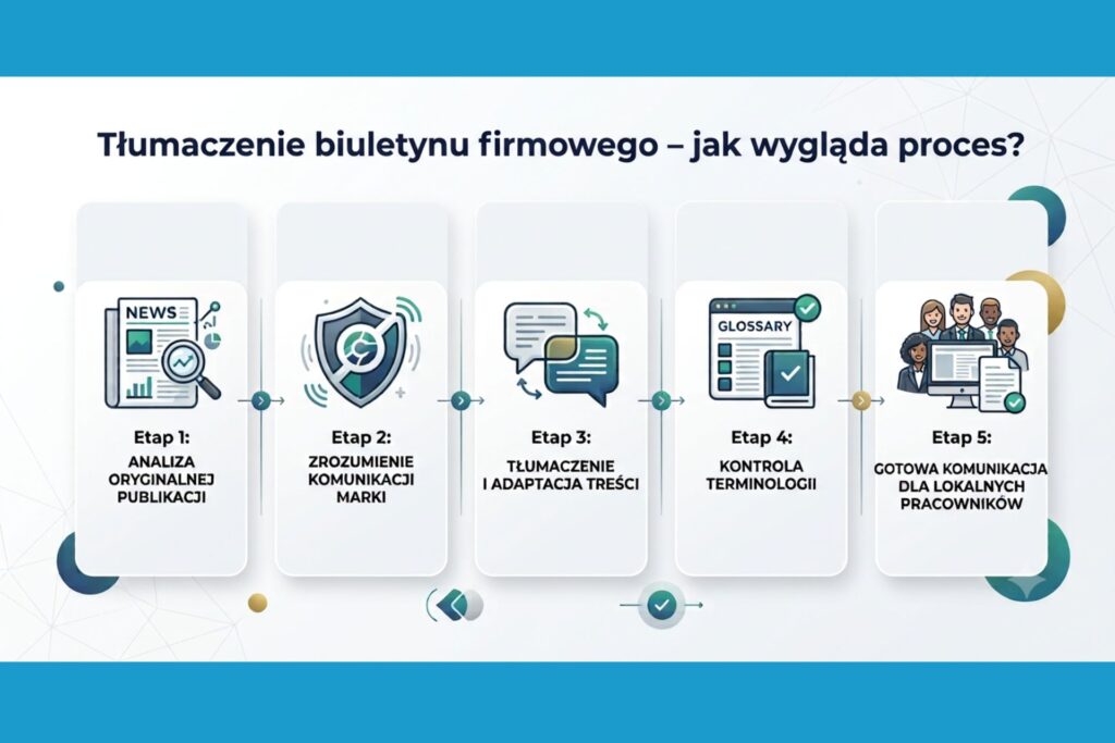 Rozpisanie 5 etapów pracy nad tłumaczeniem biuletynu firmowego -